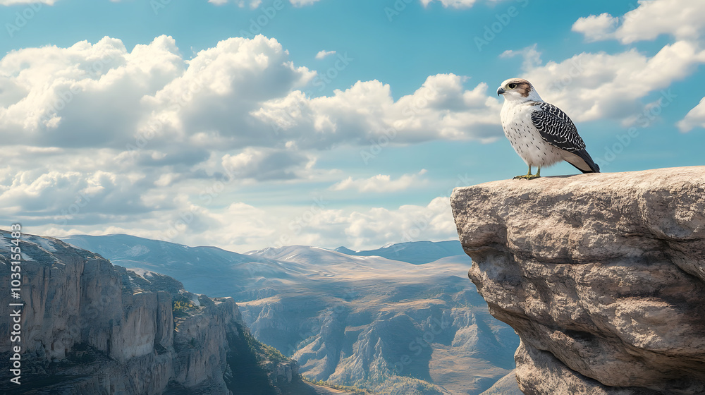 Fototapeta premium Majestic Falcon Perched on a Mountaintop Cliff