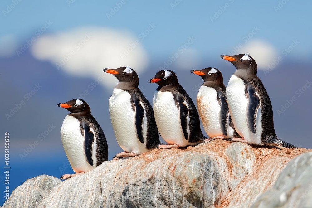 Fototapeta premium Five gentoo penguins standing on rocky shore with a scenic blue ocean and mountains in the background during a sunny day