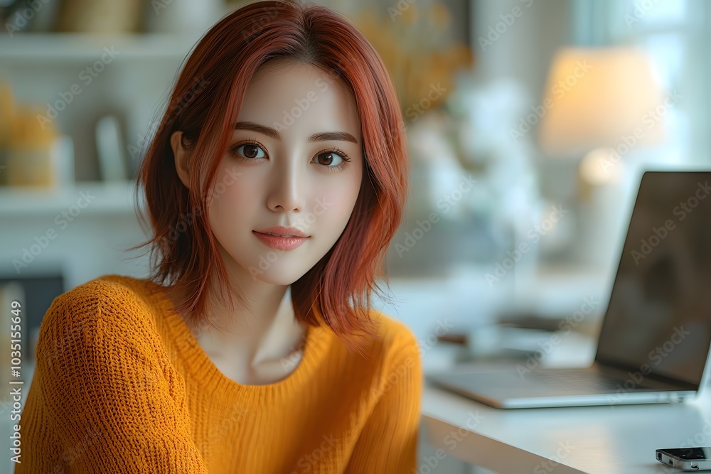 Confident woman in cozy sweater working from home in modern workspace Confident woman in cozy sweater working from home in modern workspace