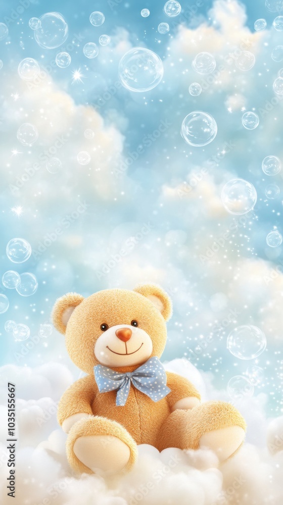 Soft teddy bear sitting on fluffy clouds with bubbles against a gentle light blue background Soft teddy bear sitting on fluffy clouds with bubbles against a gentle light blue background