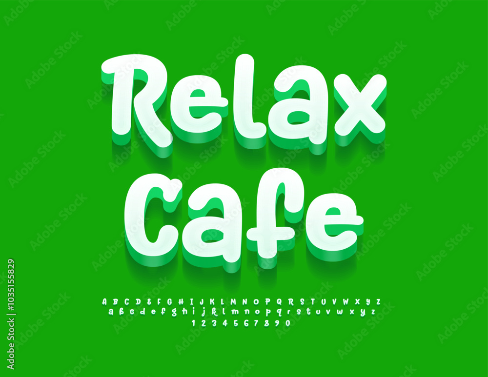 Vector playful signboard Relax Cafe. Funny White 3D Font. Artistic Alphabet Letters and Numbers set. Vector playful signboard Relax Cafe. Funny White 3D Font. Artistic Alphabet Letters and Numbers set.