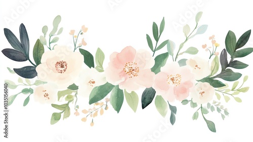 A delicate watercolor floral arrangement featuring soft pink blooms and lush green leaves, perfect for decor or design projects.
