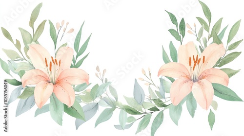 A delicate watercolor floral arrangement featuring soft peach lilies and lush green leaves, perfect for invitations and decor.