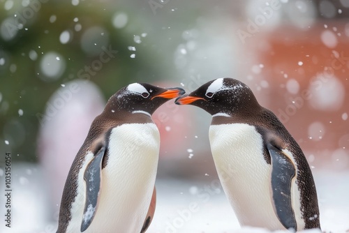 Two gentoo penguins engage in a courtship display while snow falls gently in their icy habitat during winter photo