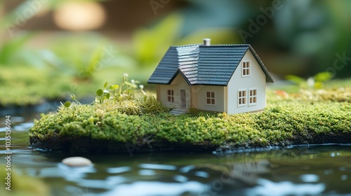 Eco-friendly real estate house. Small model building property house on grass in green and river natural ecology. Energy conservation housing design. 