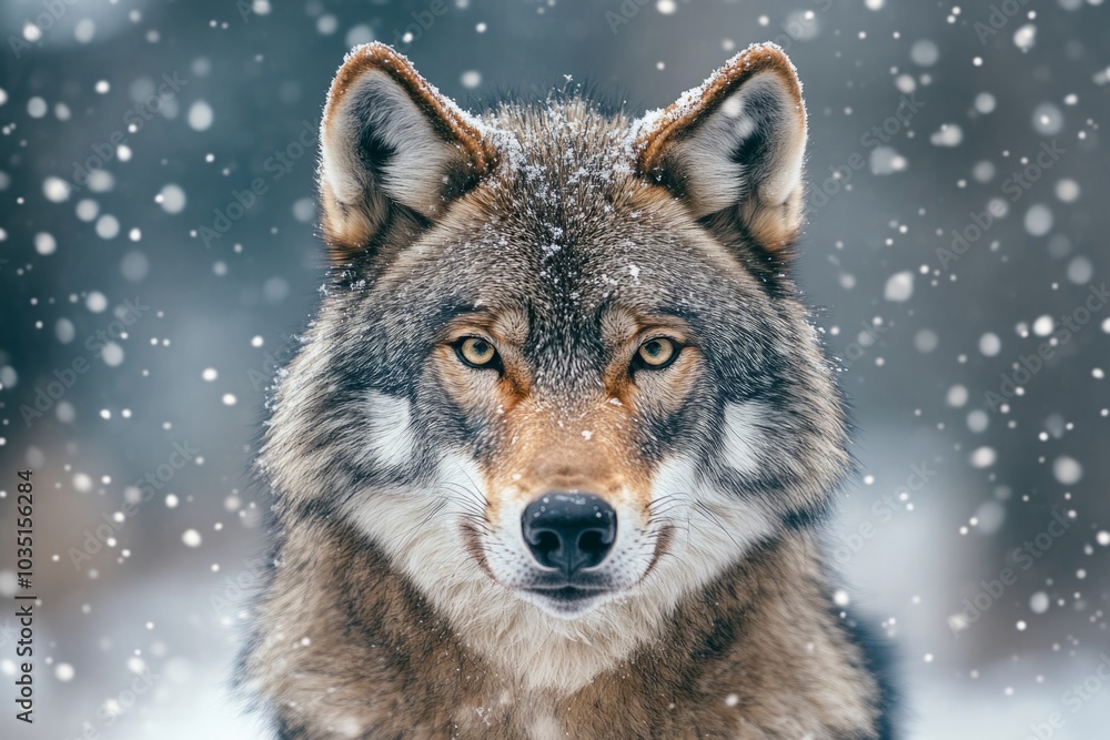 A majestic wolf gazes intensely into the camera. Snow gently falls around its powerful frame. Captured in stunning detail, this image evokes strength and beauty. Generative AI A majestic wolf gazes intensely into the camera. Snow gently falls around its powerful frame. Captured in stunning detail, this image evokes strength and beauty. Generative AI