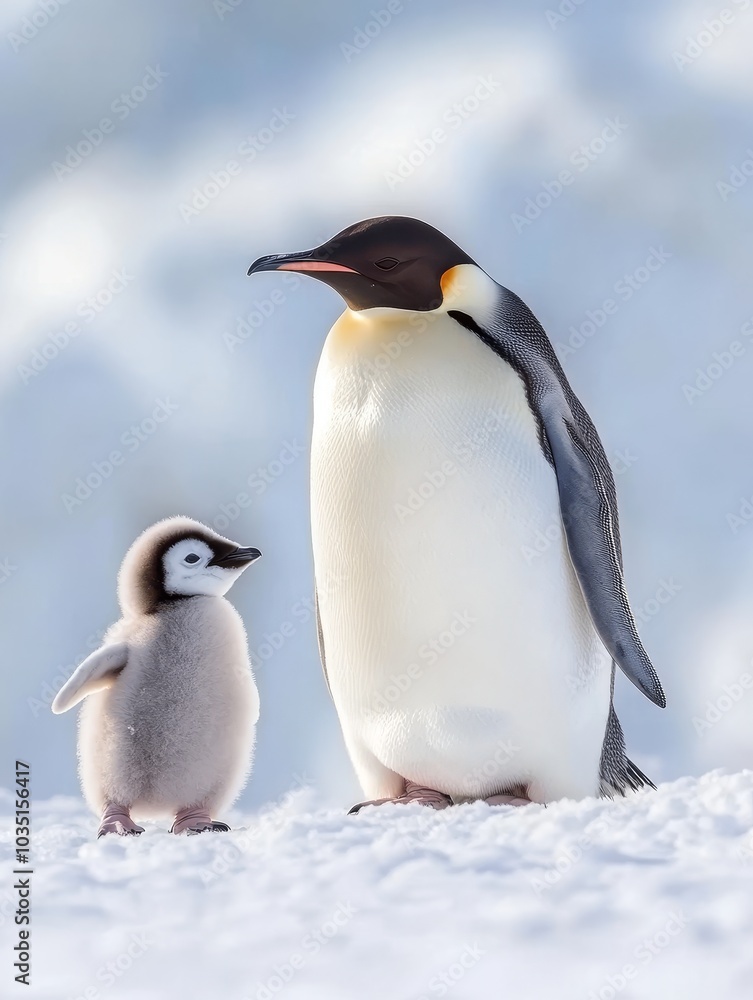 Obraz premium A gentle emperor penguin stands protectively next to its fluffy chick on a snowy Antarctic landscape during the early morning light
