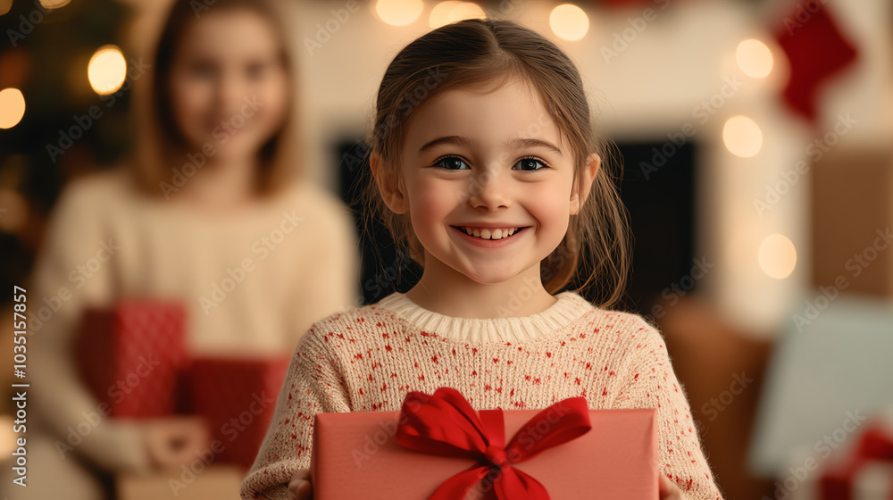 A joyful girl smiling as she holds a beautifully wrapped gift during the festive season, with a warm and inviting holiday atmosphere. A joyful girl smiling as she holds a beautifully wrapped gift during the festive season, with a warm and inviting holiday atmosphere.