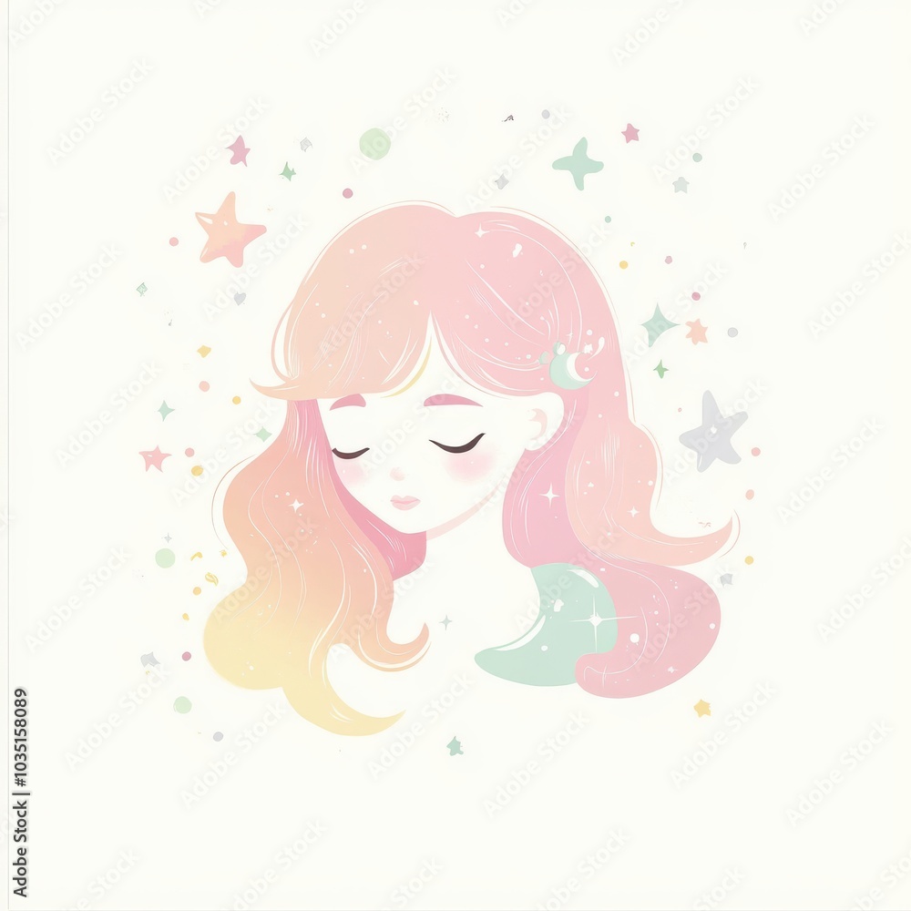 A whimsical pastel illustration of a dreamy girl with flowing hair, surrounded by stars and sparkles, evoking a serene feeling. A whimsical pastel illustration of a dreamy girl with flowing hair, surrounded by stars and sparkles, evoking a serene feeling.