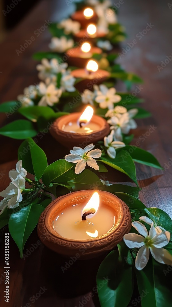 Background of Diwali, garland of jasmine flowers with clay lamps Background of Diwali, garland of jasmine flowers with clay lamps
