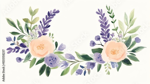 Beautiful watercolor floral arrangement featuring soft peach roses, lavender and green leaves, perfect for invitations or decor.