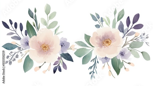 Beautiful watercolor floral arrangement featuring soft petals and lush greenery, perfect for invitations or decor.