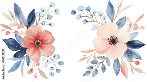 Beautiful watercolor floral arrangement featuring soft pink and blue flowers with delicate leaves and berries.
