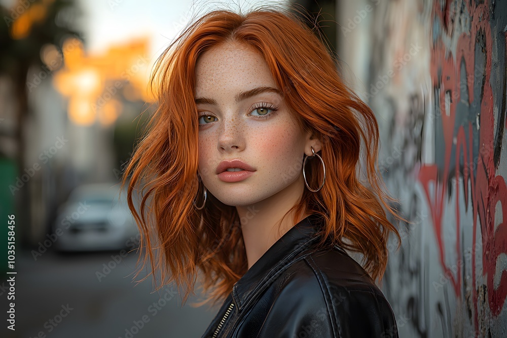 Vibrant redhead woman in urban setting with graffiti backdrop Vibrant redhead woman in urban setting with graffiti backdrop