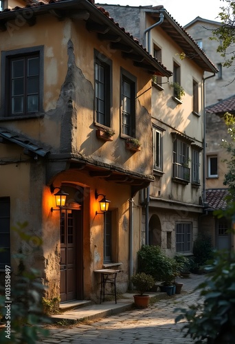 traditional building with warm light	