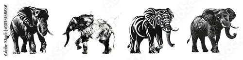 Set of minimalist black and white elephant in various abstract graphic and silhouette styles  Stylized elephant icons symbols and art perfect for logos patterns and designs photo