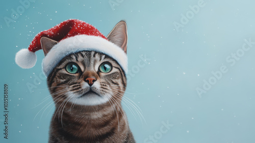 festive cat wearing Santa hat against snowy blue background brings joyful holiday spirit. This charming scene captures essence of Christmas cheer