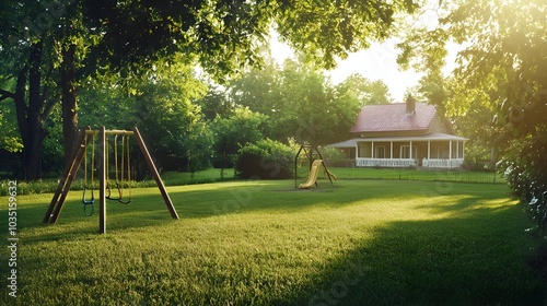 Photograph of a cozy suburban home with a lush expansive backyard and a vibrant children s playset creating a welcoming and family friendly outdoor environment