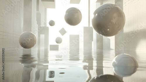 Abstract geometric spheres and cubes floating above a reflective surface in a digital void