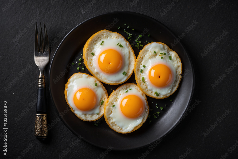 Flat lay fried cut eggs on black plate Flat lay fried cut eggs on black plate