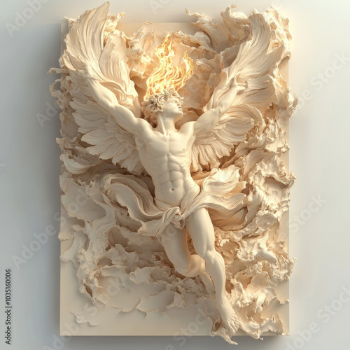 3D bas-relief of the ancient Greek character Prometheus with fire in his hands in vanilla and beige tones. Greek mythology, sketch for creativity, fantasy print. Creative interior decor, decor of exhi photo