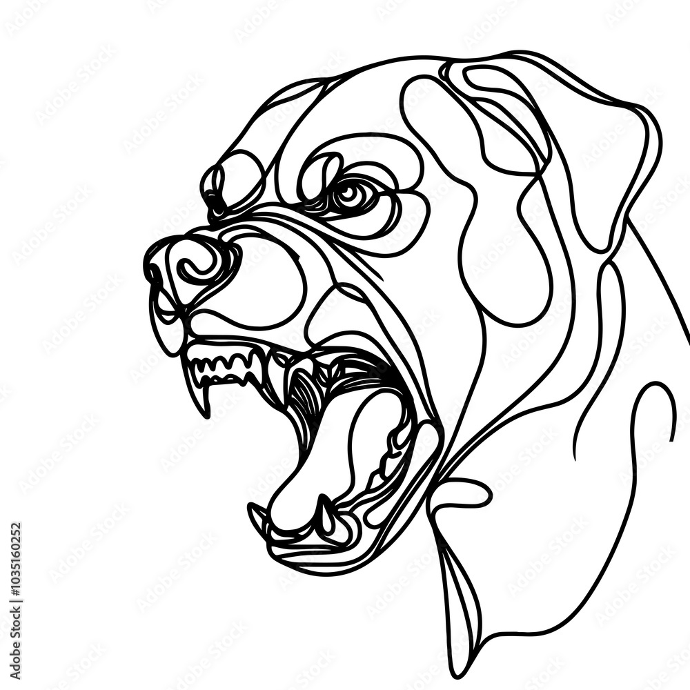 Aggressive dog is angry and grinning its teeth. Dog showing dangerous teeth and ready to attack, single continuous line vector illustration isolated on white background Aggressive dog is angry and grinning its teeth. Dog showing dangerous teeth and ready to attack, single continuous line vector illustration isolated on white background