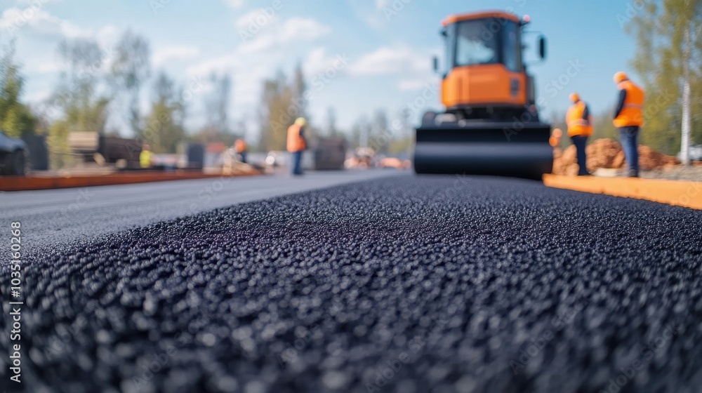 Fresh Asphalt Construction Process in Close-Up View Fresh Asphalt Construction Process in Close-Up View