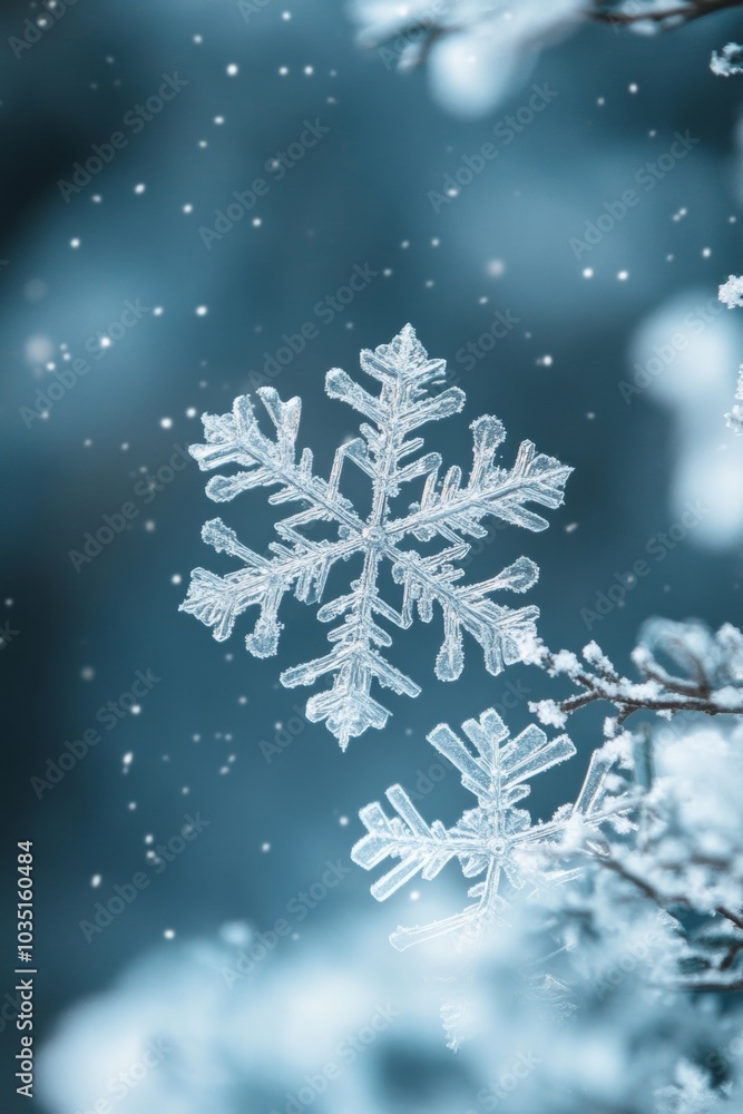 Delicate snowflakes gently falling on evergreen branches in a serene winter landscape during a snowy evening Delicate snowflakes gently falling on evergreen branches in a serene winter landscape during a snowy evening