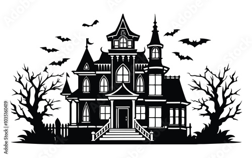 Haunted House Vector Illustration Eerie Haunted Mansion with Creepy Elements in Black Silhouette.