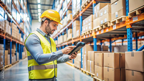 warehouse worker in yellow hard hat and vest using tablet to manage inventory