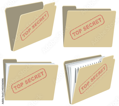 Collection of empty or filled top secret cardboard folder icons (cut out)