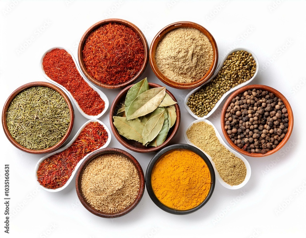 Spices and herbs on table top with copy space Spices and herbs on table top with copy space