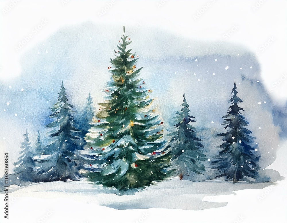 Fototapeta premium A painting of a snowy landscape with a few trees in the foreground. The sky is pink and orange, creating a warm and peaceful atmosphere
