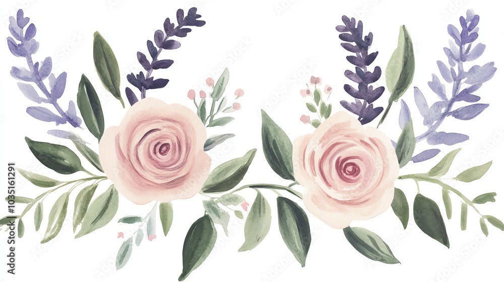 Elegant floral arrangement featuring soft pink roses and delicate lavender leaves, perfect for invitations or decor. Elegant floral arrangement featuring soft pink roses and delicate lavender leaves, perfect for invitations or decor.