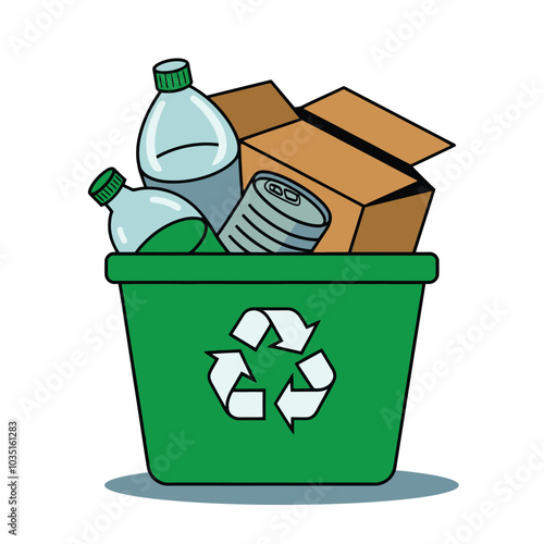 Recycling Bin with Bottles and Box Illustration