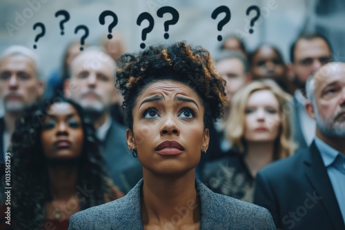A young woman in a business meeting, with question marks hovering above her head, surrounded by other people. She is looking up and appears to be contemplating or questioning something.