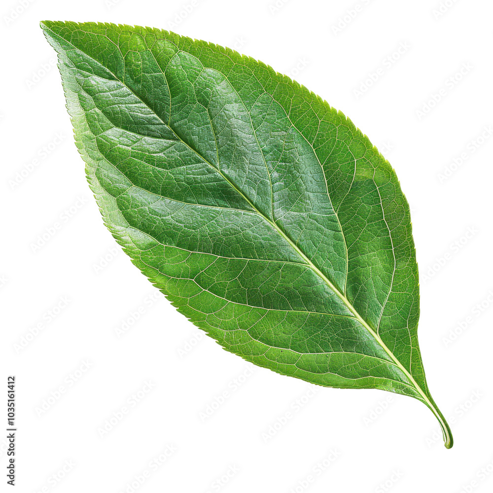 Obraz premium Vibrant green leaf showcasing intricate texture and natural beauty, ideal for nature-themed projects and designs. PNG transparent background.