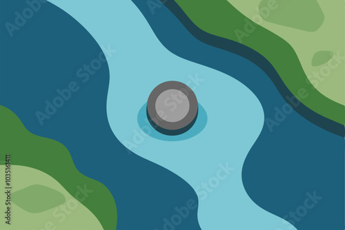 Aerial view of river close up with stone element vector illustration