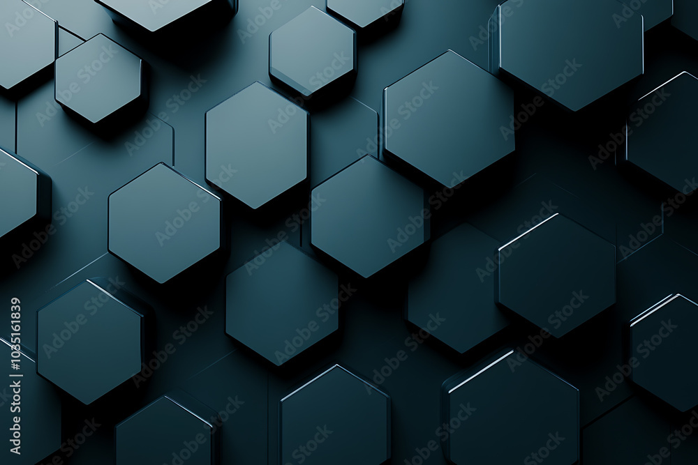 3D background featuring dark teal hexagons with a dark blue color scheme, creating a modern and futuristic design with depth.
