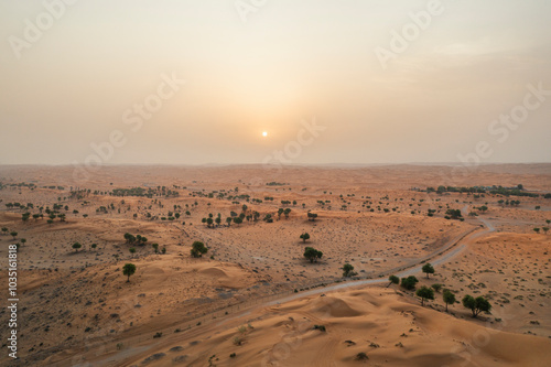 Aerial view of vast golden sand dunes under a warm sunset sky, Hamraniyah, United Arab Emirates. photo