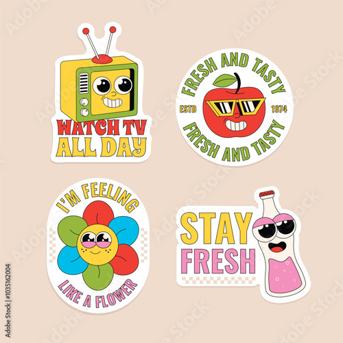 Groovy 70s stickers collection in hand drawn style
