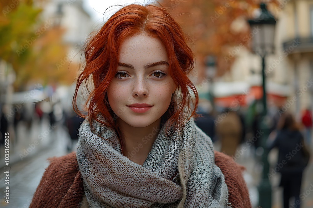 Red-haired woman smiling in autumn city scene Red-haired woman smiling in autumn city scene