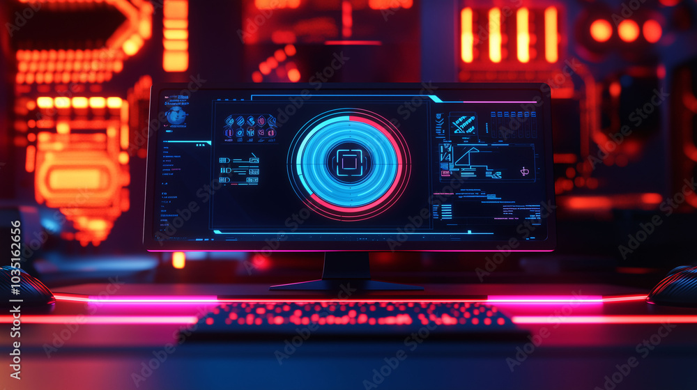 Obraz premium A computer monitor displays a colorful, glowing circle on a black background