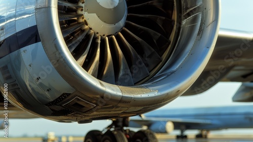 A close-up of a cargo plane's engine intake and fan blades, with detailed metal textures and shadows, Aviation setting with precision details