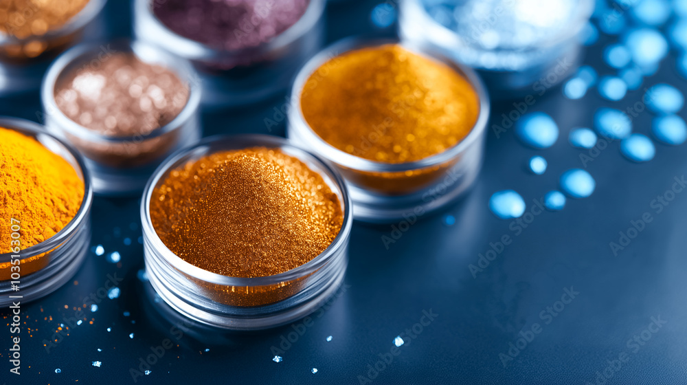 An array of colorful metallic powders arranged in clear containers on a dark background. These shimmering powders are perfect for various creative projects and crafts An array of colorful metallic powders arranged in clear containers on a dark background. These shimmering powders are perfect for various creative projects and crafts