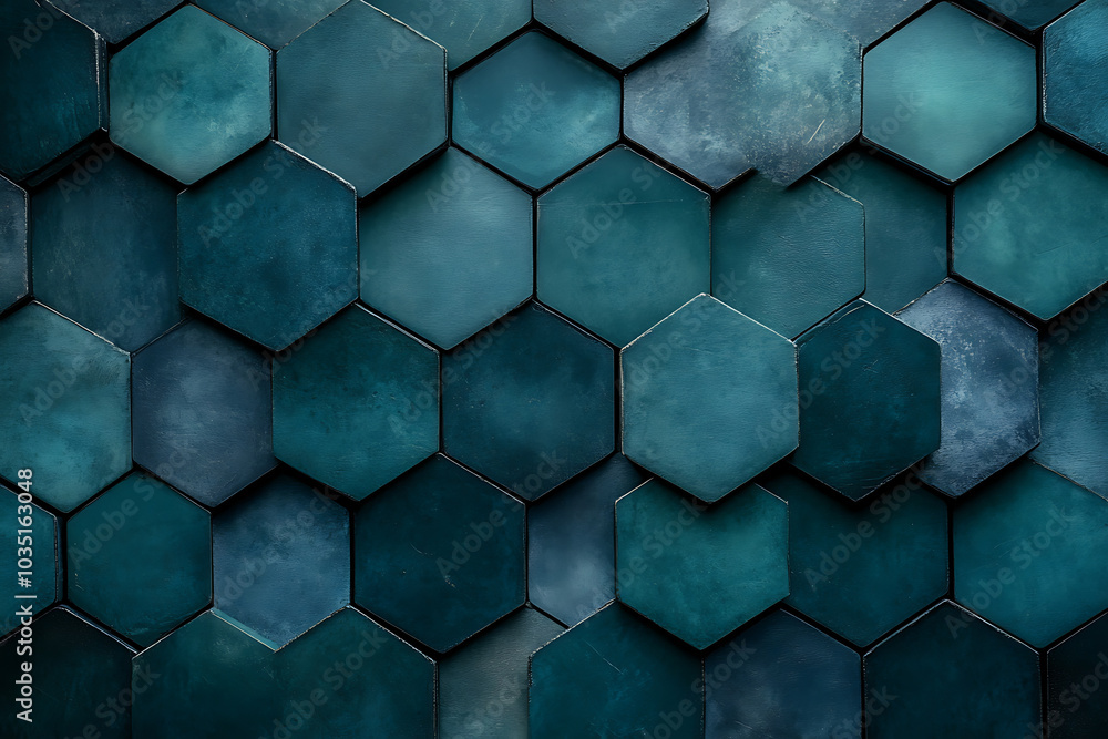 custom made wallpaper toronto digital3D background featuring dark teal hexagons with a dark blue color scheme, creating a modern and futuristic design with depth.