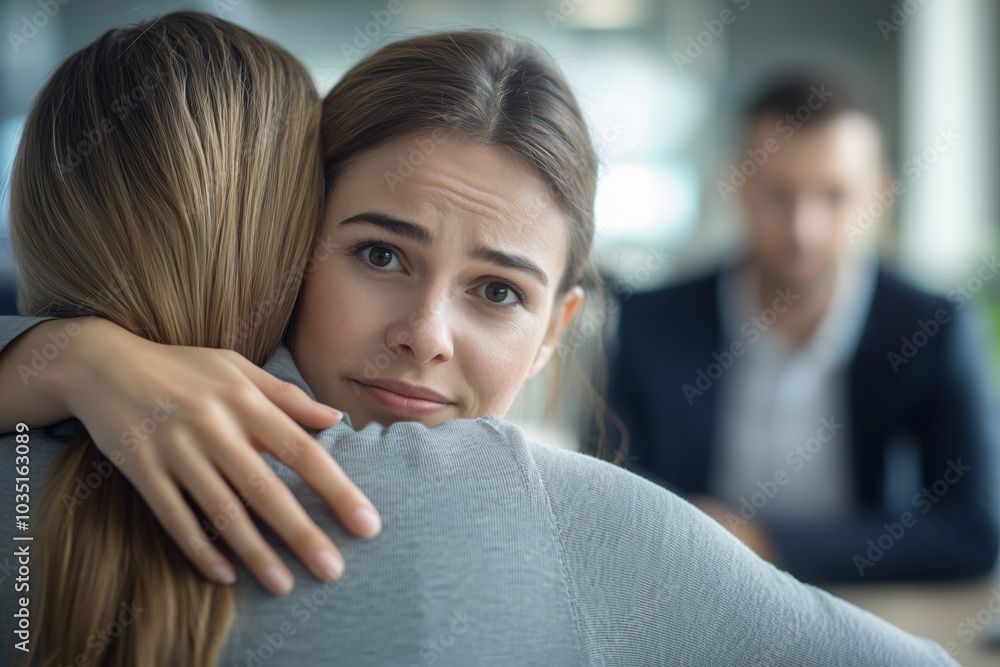 Caucasian women share an emotional hug while a man watches in the background. Caucasian women share an emotional hug while a man watches in the background.