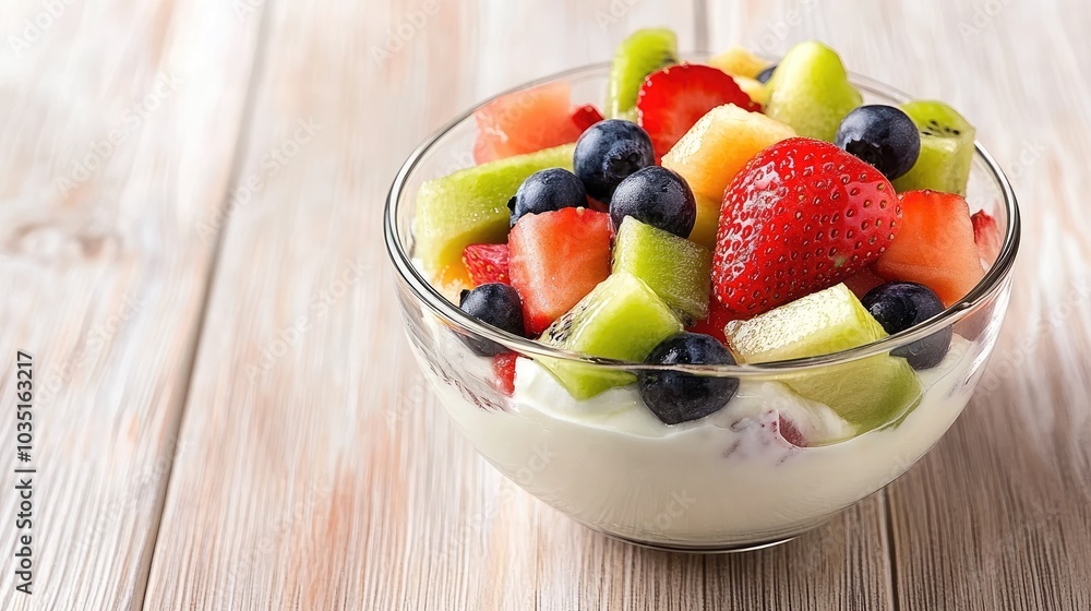 Fresh Fruit and Yogurt Bowl on Wooden Table Fresh Fruit and Yogurt Bowl on Wooden Table