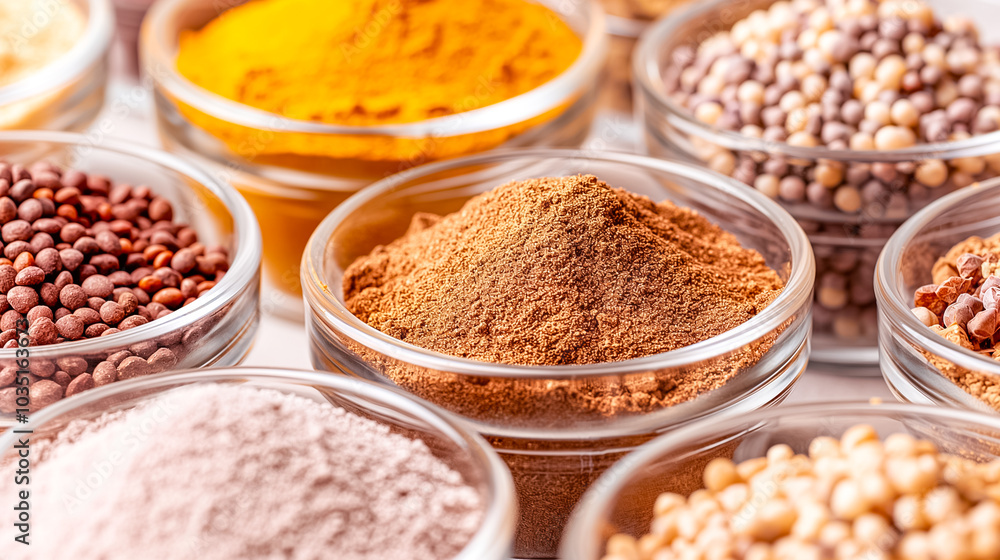 Multiple glass bowls contain a vibrant selection of spices, including turmeric, coriander, and chili powder, arranged neatly, reflecting culinary traditions and flavor variety Multiple glass bowls contain a vibrant selection of spices, including turmeric, coriander, and chili powder, arranged neatly, reflecting culinary traditions and flavor variety