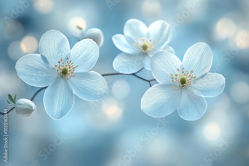 Close up of white cherry blossom flowers against a soft blue bokeh background symbolizing purity elegance and the delicate beauty of nature in a serene dreamlike setting